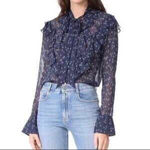 Veronica Beard Finley Silk Ruffle Blouse Tie Neck Blue Floral Size 8
